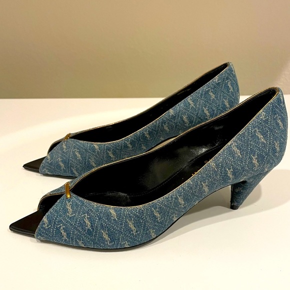 Saint Laurent Lola Monogram Denim Pumps - Picture 2 of 11